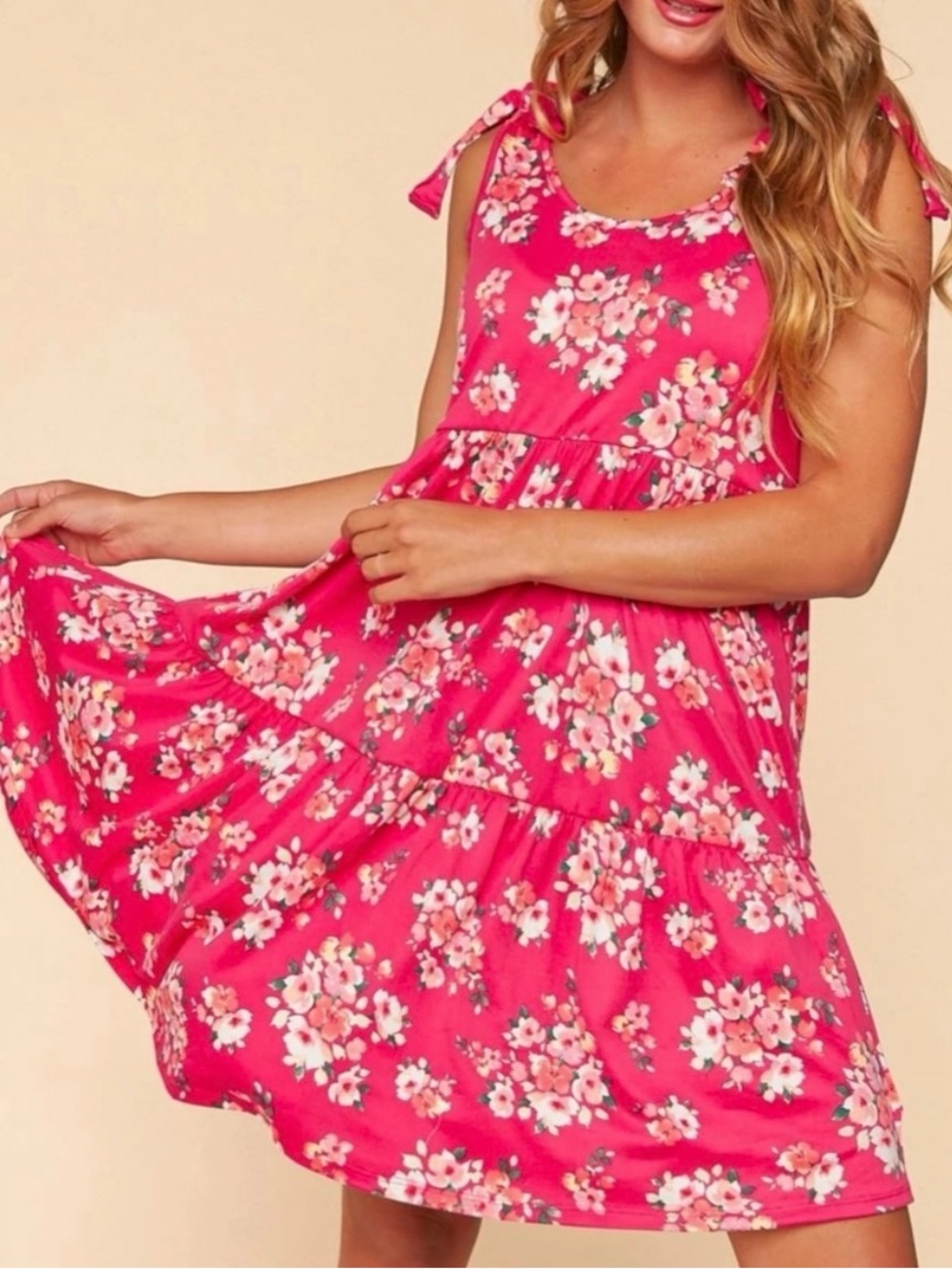 Haptics Hot Pink Floral Tiered Mini Dress Tie Shoulder Boutique Small Flowy